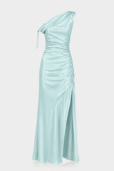 Aqua Green One Shoulder Ruched Satin Maxi Dress