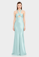 Aqua Green Twist Halter Satin Maxi Dress