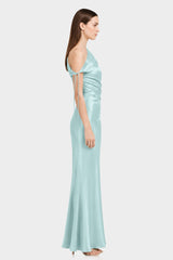 Aqua Green One Shoulder Ruched Satin Maxi Dress