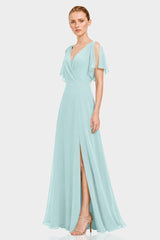 Aqua Green Flutter Sleeve Cold Shoulder Chiffon Maxi Dress