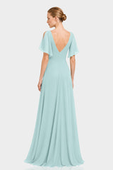 Aqua Green Flutter Sleeve Cold Shoulder Chiffon Maxi Dress