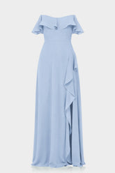 Blue Off-the-Shoulder Chiffon Maxi Dress with Ruffles