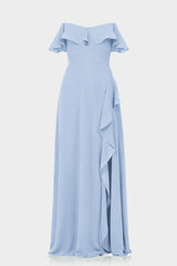 Blue Off-the-Shoulder Chiffon Maxi Dress with Ruffles