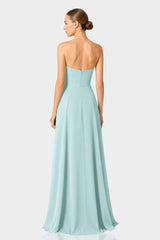 Aqua Green Strapless Front Slit Satin Georgette Maxi Dress
