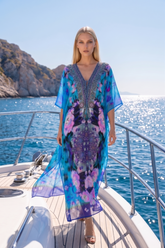 Blue Floral Print Silk Kaftan Maxi Dress