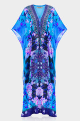 Blue Floral Print Silk Kaftan Maxi Dress