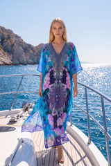 Blue Floral Print Silk Kaftan Maxi Dress