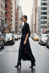 Black One Sleeve Maxi Dress- Side split silk evening dress