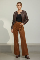 Auburn Luxe Women's Cropped Leather Jacket & Corduroy Wide-Leg Trousers Set