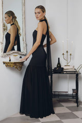 Black Strapless Satin Maxi Dress with Neck Scarf