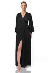 Black Satin Wrap Bridesmaid Dress – Elegant Maxi Bridal Party Dress by Shahida