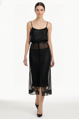Black Sheer Organza Layered Midi Dress