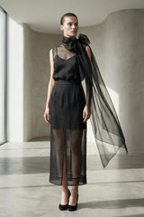Black Sheer Organza Midi Pencil Skirt