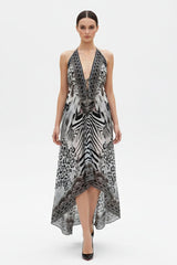 Black & White Animal Print Halter High-Low Maxi Dress