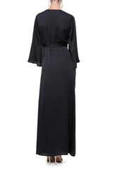 Black Satin Wrap Maxi Dress with High Slit & Balloon Sleeves