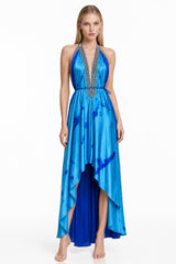 Blue Tie-Dye Embellished Halter High-Low Maxi Dress