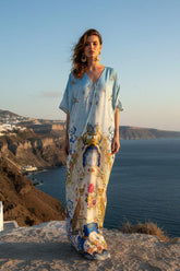 Blue Romanticism Print Viscose Silk Convertible Kaftan