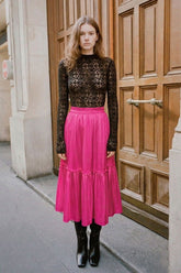 Barbie Pink Satin Midi Skirt with Ruffle Hem