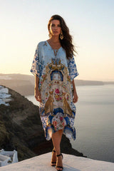 Blue Romanticism Print Knee-Length Convertible Kaftan