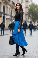 Azure Satin Silk Ruffle Wrap Skirt