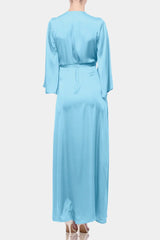 Aqua Blue Satin Wrap Maxi Dress with Slit – Long Sleeve Evening Dress