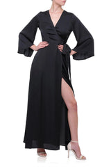 Black Satin Wrap Maxi Dress with High Slit & Balloon Sleeves