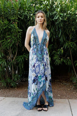 Azure Baroque Silk Scarf Maxi Dress