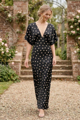Black and White Polka Dot Deep-V Flutter-Sleeve Satin A-Line Wedding Guest Dress
