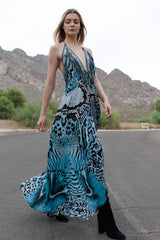 Blue Leopard Silk Scarf Maxi Dress