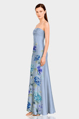 Blue Floral Print Strapless Satin Maxi Dress
