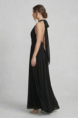 Black Halter V-Neck Chiffon Bridesmaid Maxi Dress – Floor Length Formal Gown
