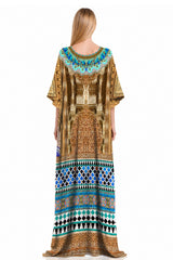 Blue & Gold Moroccan Palace Print Kaftan Maxi Dress