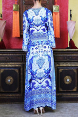 Blue Printed Wrap Maxi Dress with Long Sleeves
