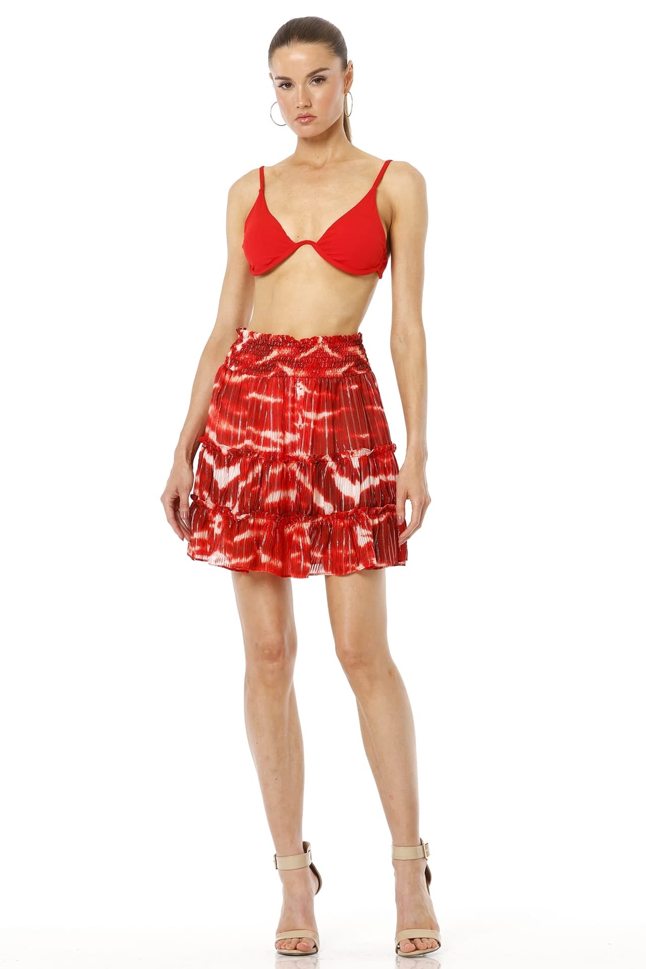 Aiolos Red Animal Printed Short Tiered Skirt