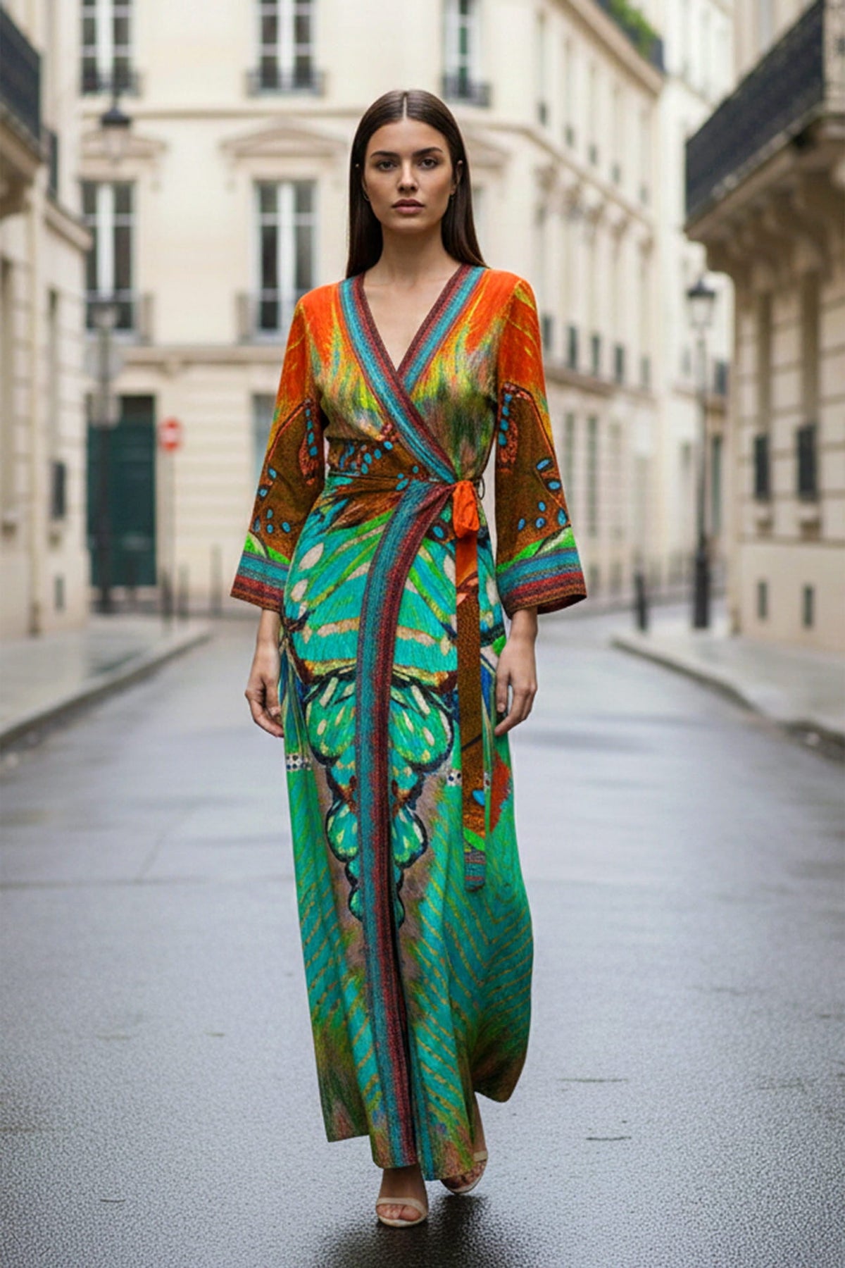 Aqua Blue Avatar Print Wrap Dress