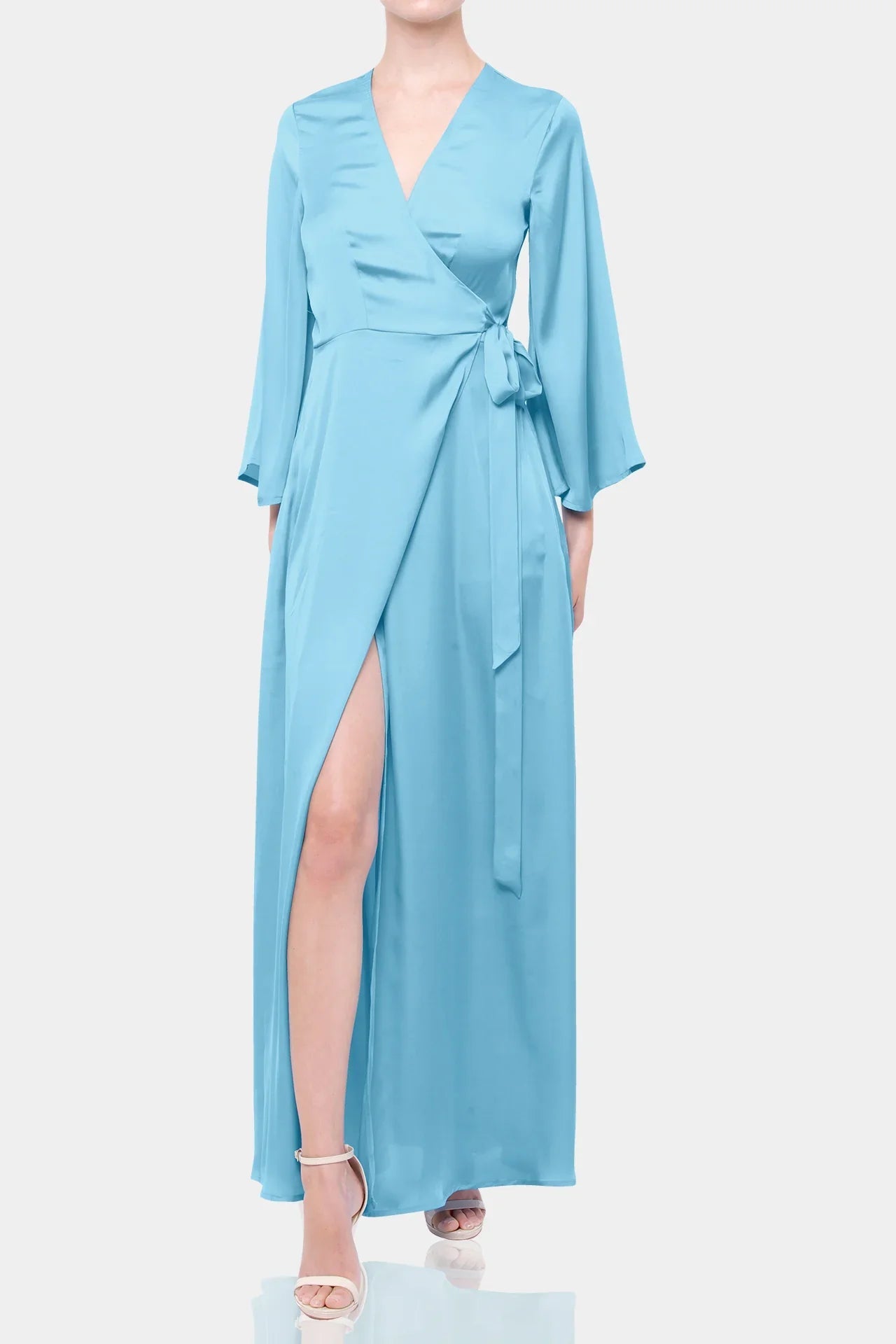 Aqua Blue Satin Wrap Maxi Dress with Slit – Long Sleeve Evening Dress