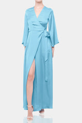 Aqua Blue Satin Wrap Maxi Dress with Slit – Long Sleeve Evening Dress