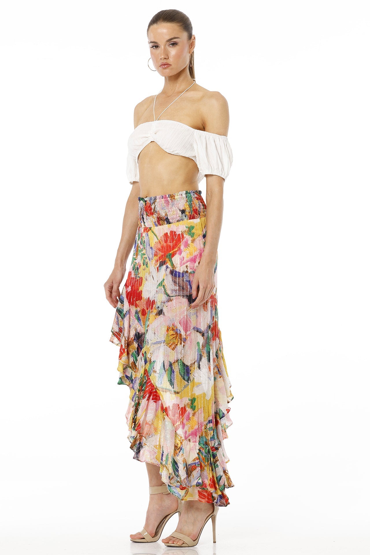 Amore Floral Print High Low Multicolor Skirt