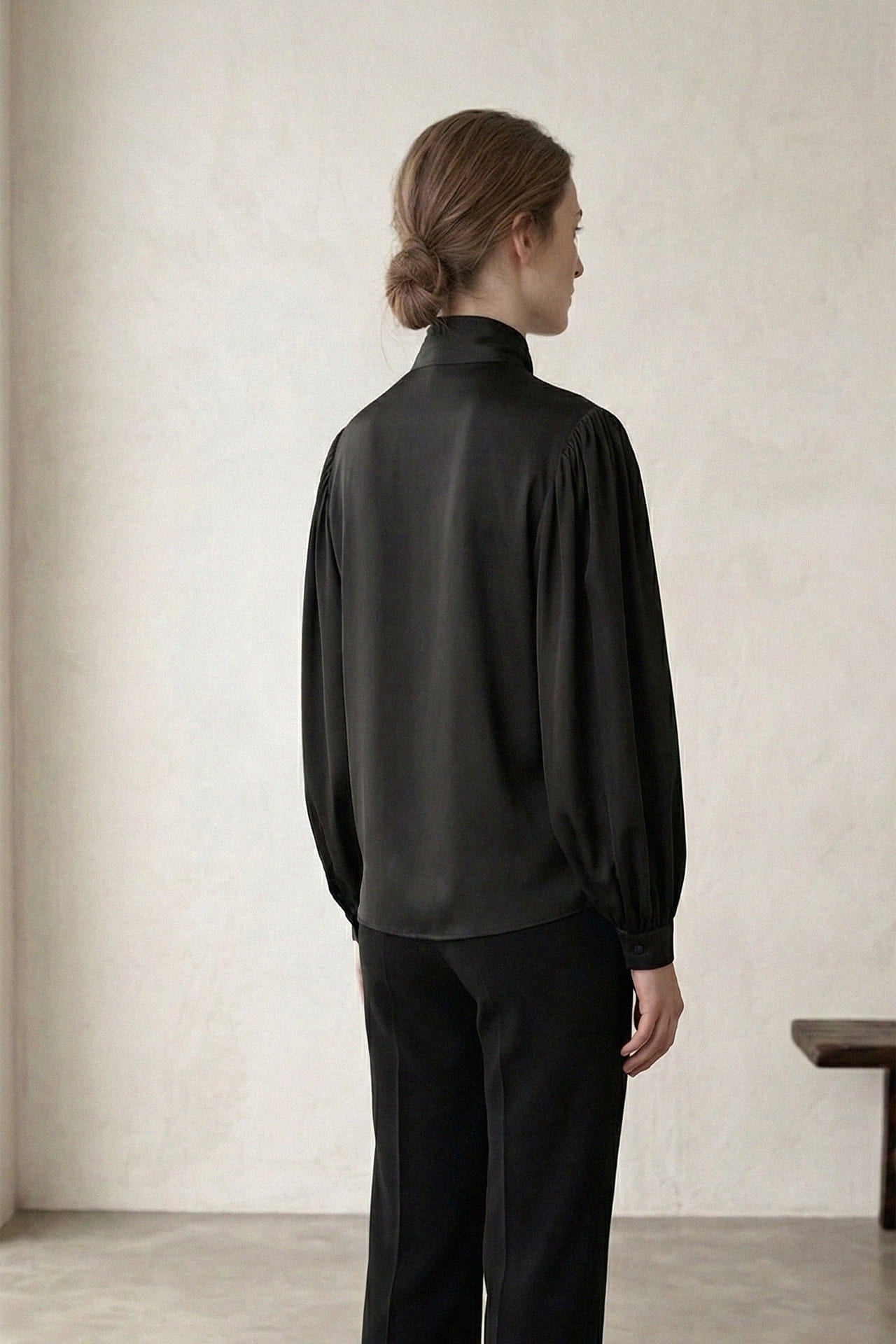 Black Silk Satin-Twill Tie-Neck Blouse