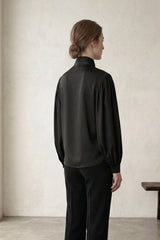 Black Silk Satin-Twill Tie-Neck Blouse