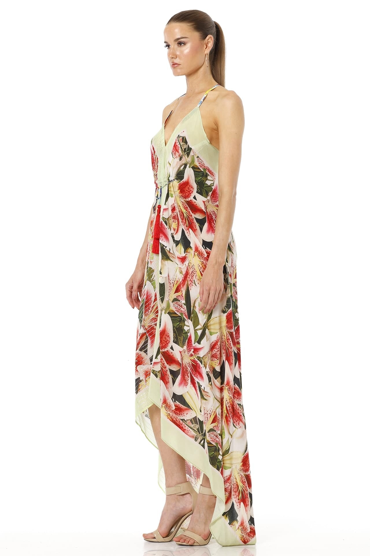 Azure High Low Floral Maxi Dress With Low Back Open Design