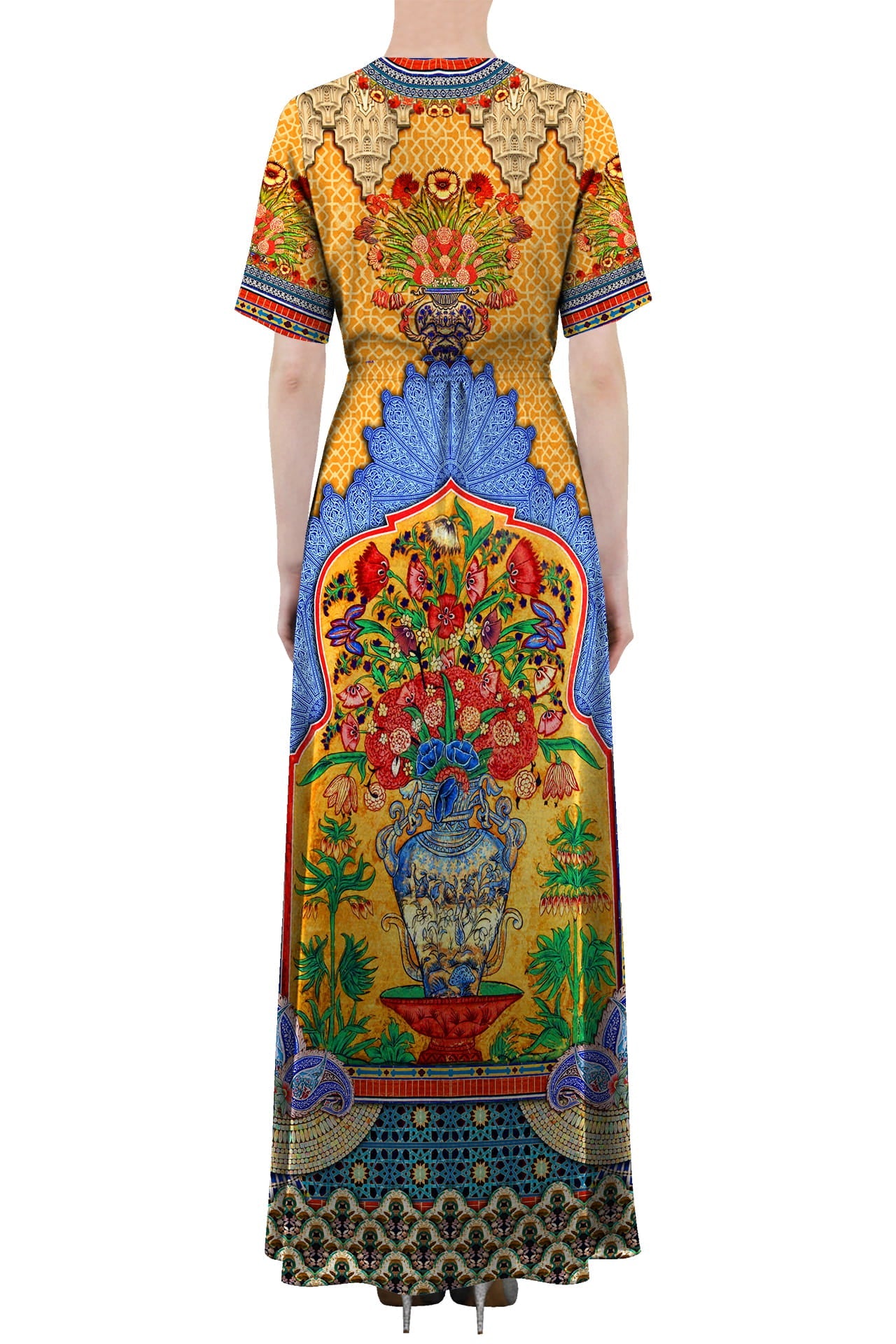 Baroque Print Wrap Dress in Sunset