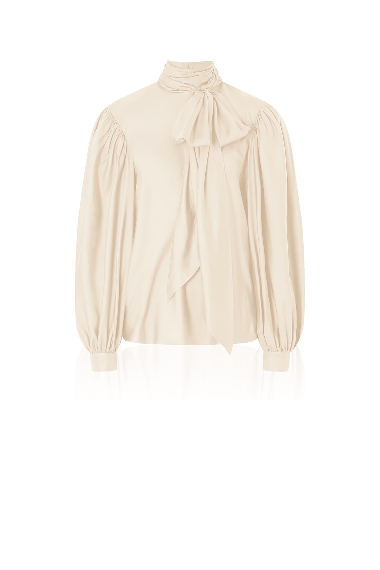 Beige Silk Satin-Twill Tie-Neck Blouse