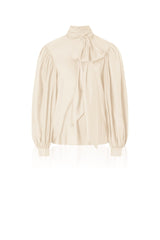 Beige Silk Satin-Twill Tie-Neck Blouse