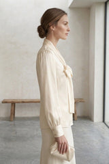 Beige Satin Scarf-Tie Blouse