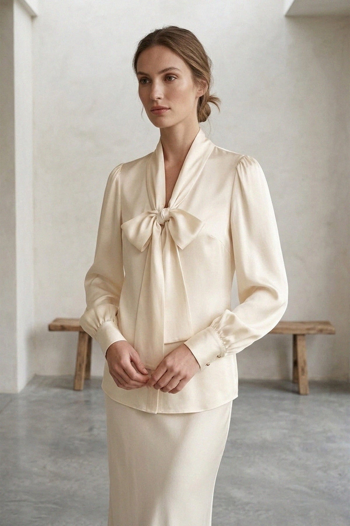Beige Satin Scarf-Tie Blouse