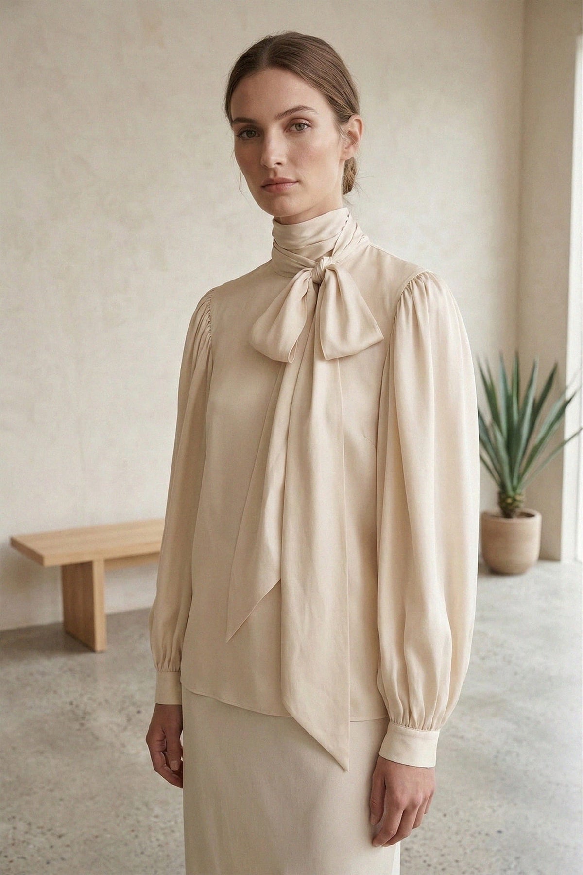 Beige Silk Satin-Twill Tie-Neck Blouse