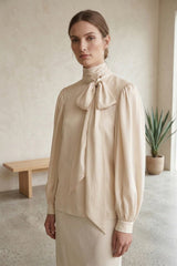 Beige Silk Satin-Twill Tie-Neck Blouse