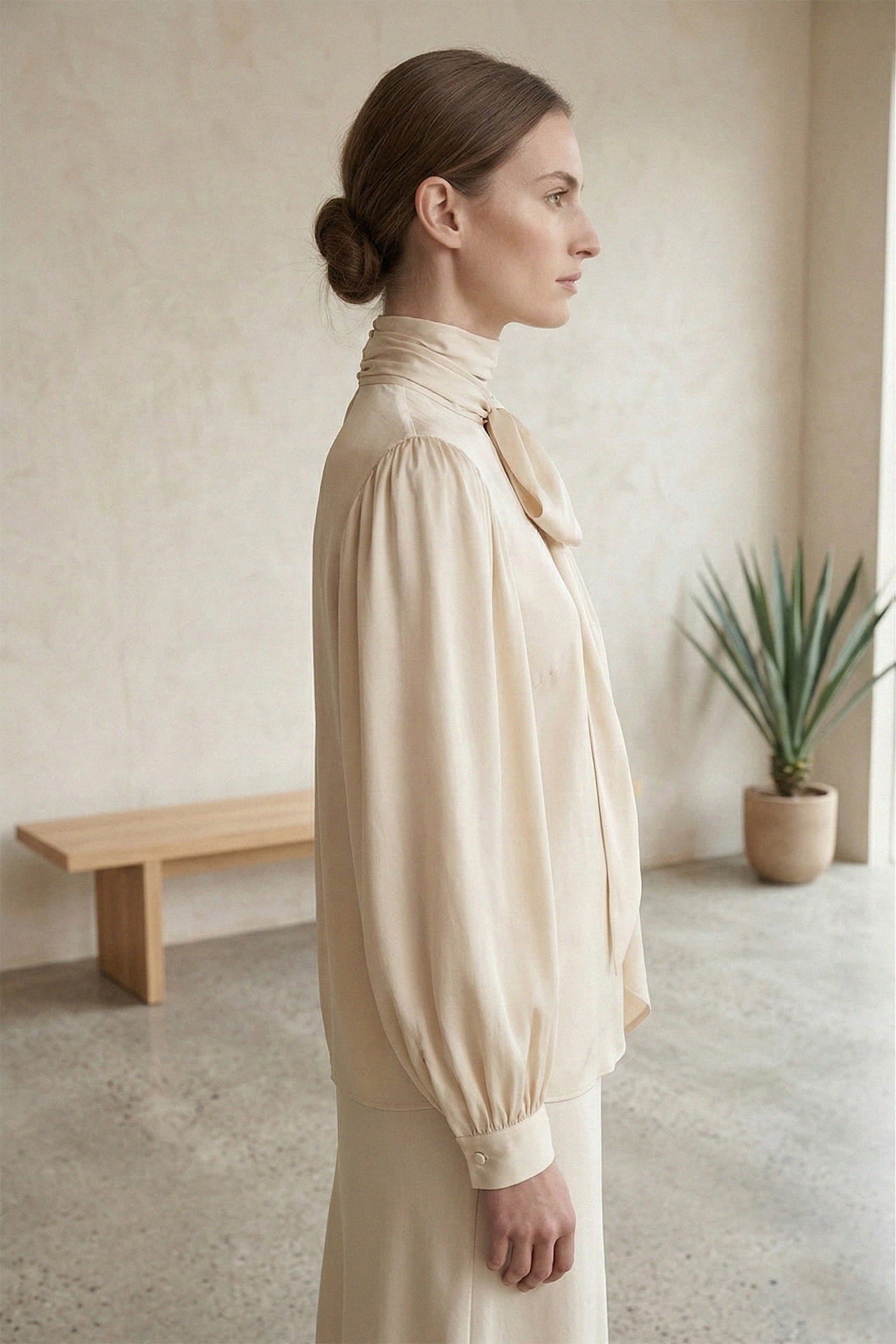 Beige Silk Satin-Twill Tie-Neck Blouse