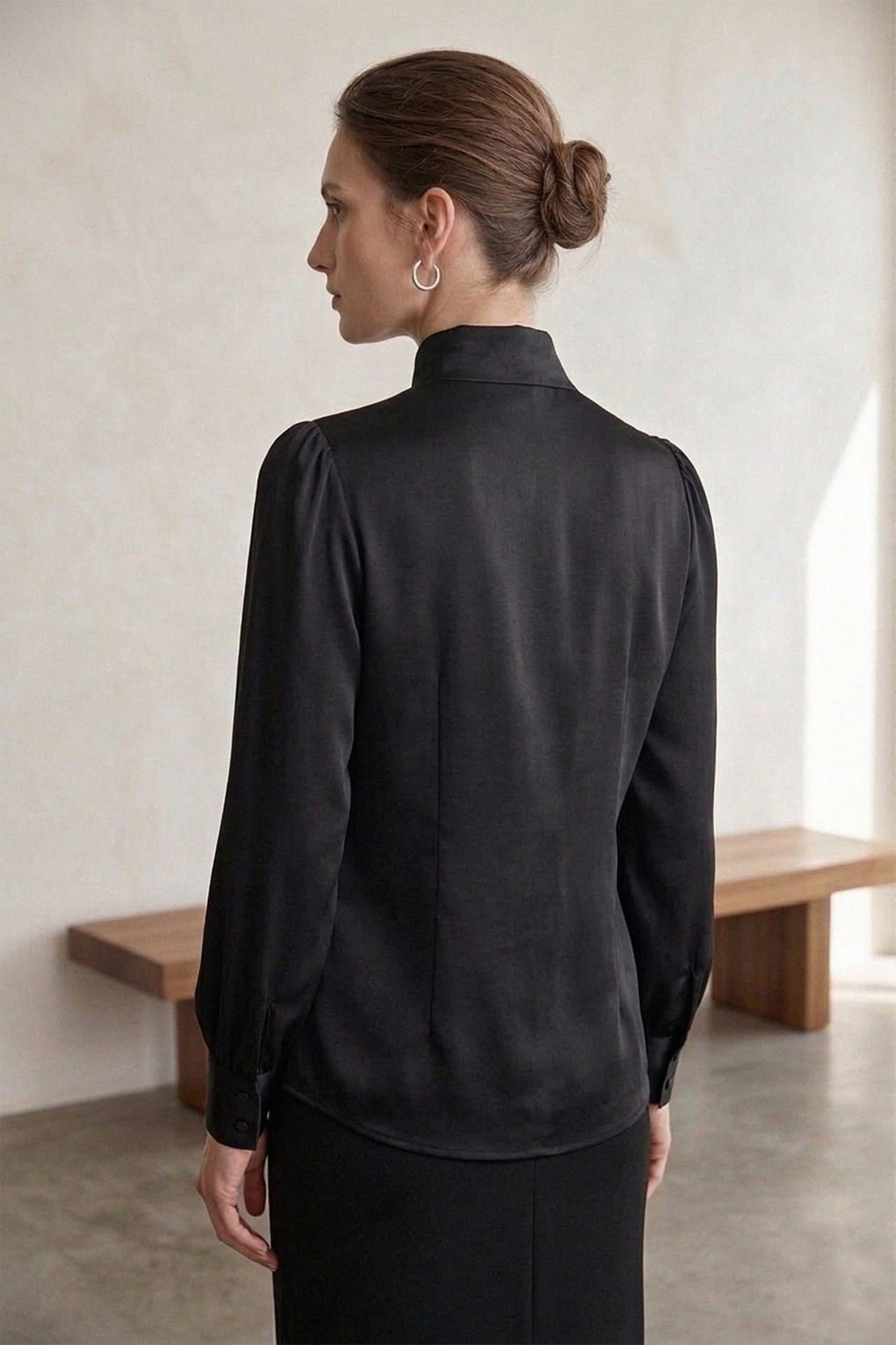 Black Satin Scarf Tie Neck Blouse